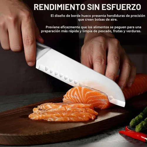 Vista 4 de Cuchillo Santoku, Cuchillo de Chef de 7 Pulgadas, Cuchillo de Cocina con Acero Alemán de Alto Carbono Súper Afilado, Mango Ergonómico Antideslizante