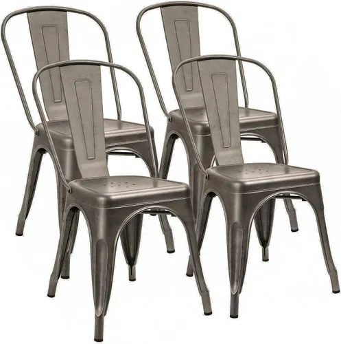 Vista 4 de Furniwell Juego de 4 sillas de comedor de metal para uso en interiores y exteriores, apilables, de metal industrial, para cocina, comedor, bistró