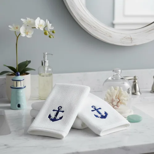 Vista 3 de Serafina Home Toallas de baño suaves y absorbentes para huéspedes: ancla azul náutica con diseño costero de cuerda gris plateada, 2 piezas de 12 "x