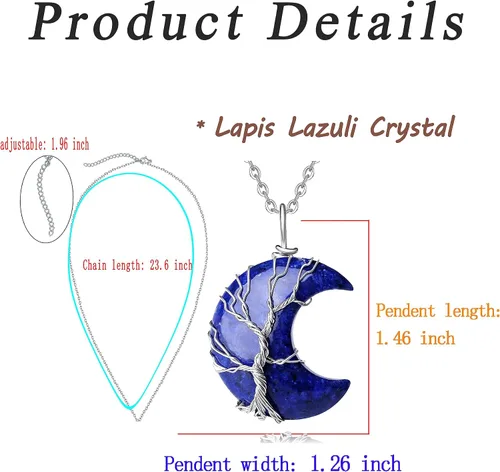Vista 5 de MAIBAOTA Collar de cristal curativo, collar de luna creciente envuelta en alambre de árbol de vida, collar con colgante de piedra natural de reiki