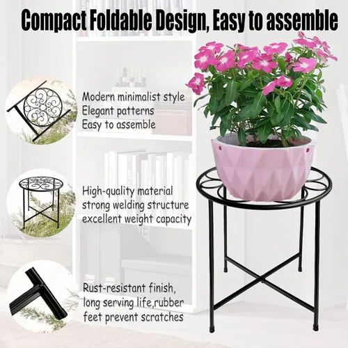 Vista 4 de Soporte para plantas, 15 pulgadas de alto para interiores y exteriores, juego de 1, diseño retro, redondo, soporte de metal recubierto a prueba
