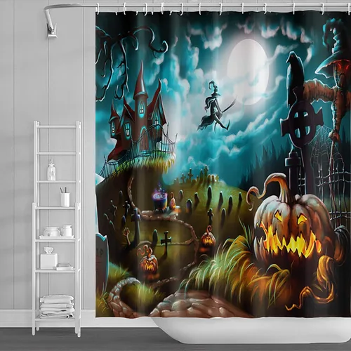 Vista 5 de Cortina de ducha de Halloween, cortinas de ducha de calabaza aterradora para baño, casa cazada de brujas, cortina de baño, cortina de baño