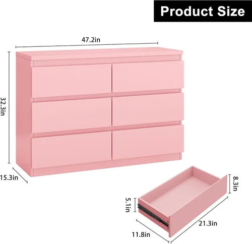 Vista 2 de Jocoevol Cómoda moderna rosa con 6 cajones, cómoda para dormitorio, armario, sala de estar, pasillo, entrada, cómoda doble de almacenamiento