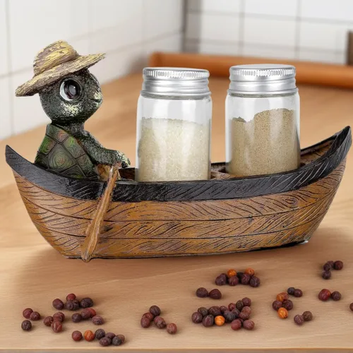 Vista 8 de Turtle in Rowboat - Juego de salero y pimentero, decoración de cocina náutica costera, figura de tortuga con 2 tarros de especias de vidrio