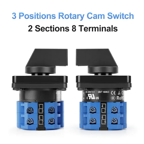 Vista 3 de Baomain Interruptor de cambio rotativo, 20A 3 posiciones, selector de leva de 8 terminales con selección de circuito 1-0-2, certificado UL