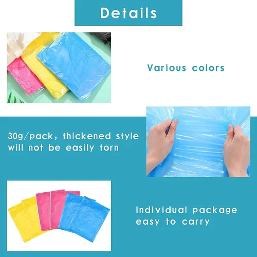 Vista 5 de Paquete de 12 ponchos de lluvia transparentes con capucha para adultos, familia, 3 colores, impermeables de emergencia de 51.1 pulgadas