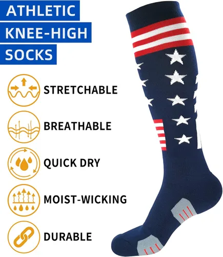 Vista 5 de Calcetines atléticos hasta la rodilla con la bandera estadounidense para béisbol, fútbol, sóftbol y fútbol