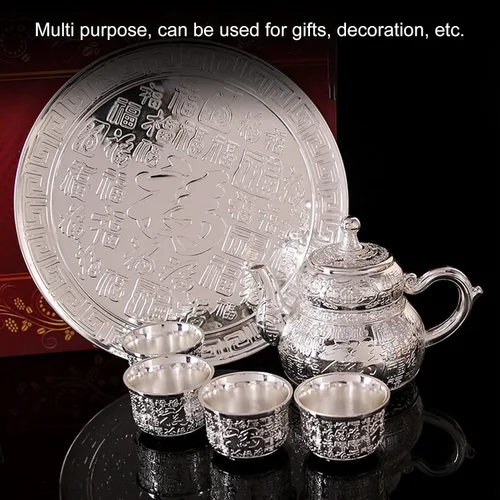 Vista 5 de Juego de tetera y taza para uno, juegos de té de aleación de zinc para adultos con tetera y bandeja, juego de tetera vintage plateada, regalo