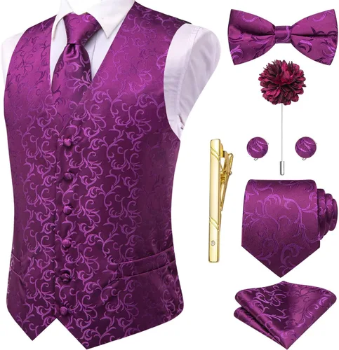 Vista 10 de Hi-Tie Chaleco de traje de seda para hombre, corbata y corbatín de solapa, clip de corbata dorado, chaleco floral de cachemira, 8 piezas, conjunto