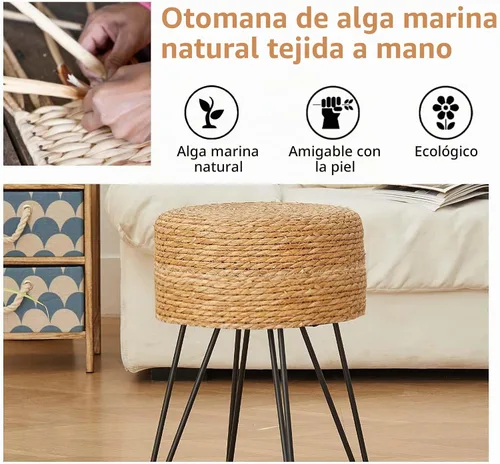 Vista 3 de Taburete de maquillaje de tocador, taburete otomano de hierba marina natural tejido a mano, taburete moderno multifuncional, taburete de tocador