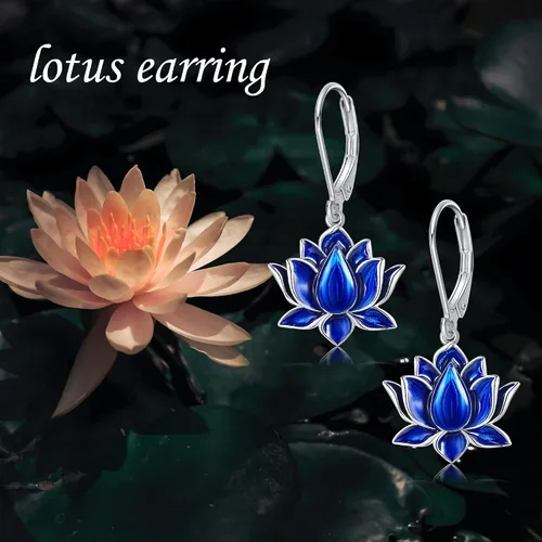 Vista 6 de Aretes de flor de loto, plata de ley, flor de loto azul, aretes colgantes con cierre de palanca, joyería de flor de loto, regalo para mujeres y niñas