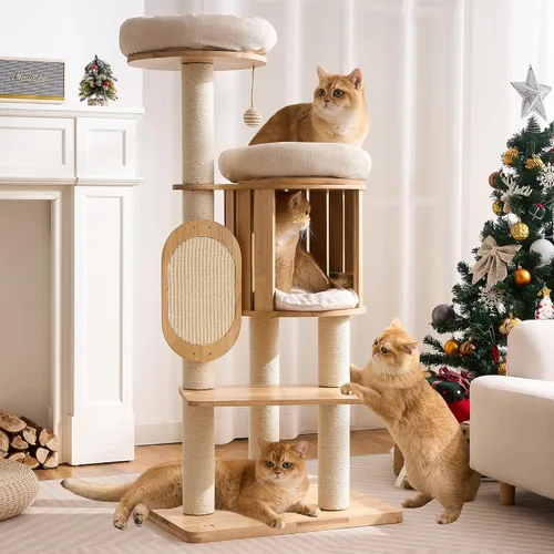 Vista 11 de Moderno árbol de madera maciza para gatos de interior de hasta 15 libras, torre para gatos de 49 pulgadas de alto con postes rascadores y rascador