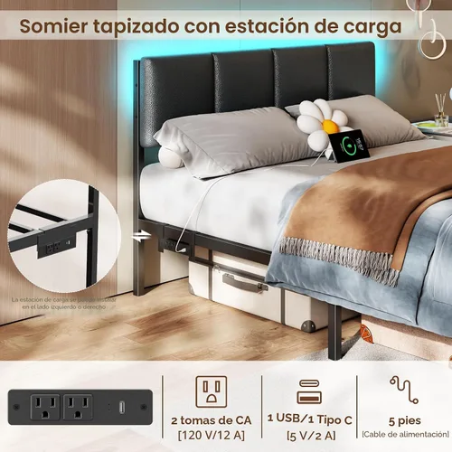 Vista 4 de Furnulem Base de cama de tamaño matrimonial con estación de carga y luces LED, cabecera tapizada de piel sintética, cama de plataforma de metal