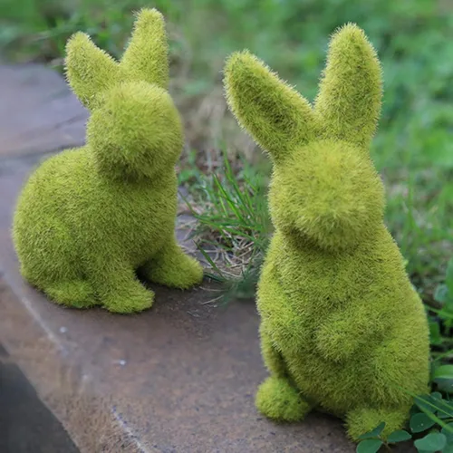 Vista 7 de Decoraciones decorativas para regalos de conejo de Pascua, escultura flocada verde musgo, patio de jardín, reuniones familiares, decoraciones
