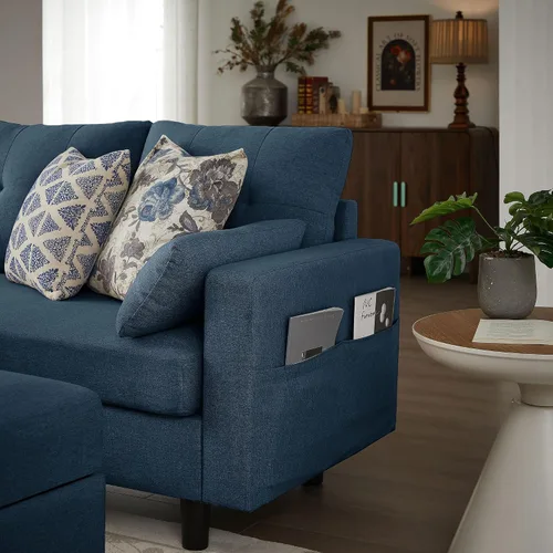 Vista 8 de Sofá Seccional Convertible de 101" con Mesa de Centro Otomana, Sofá Moderno de Tela de Lino en Forma de U con Bolsillo de Almacenamiento, Sofá Azul