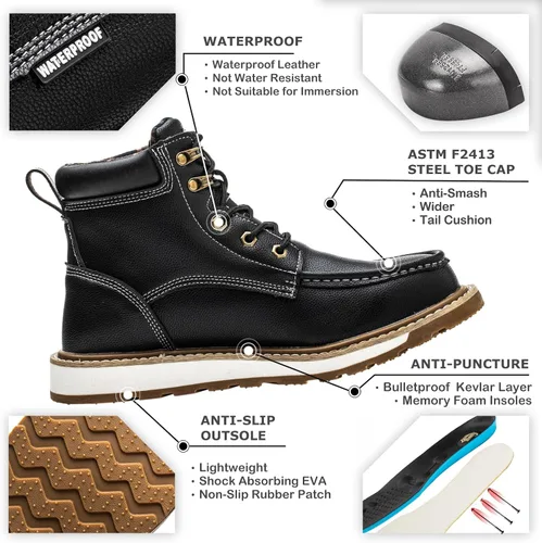 Vista 2 de KELODON Botas impermeables con punta de acero para hombres, botas de trabajo de cuero de 6 pulgadas, botas de construcción indestructibles, botas