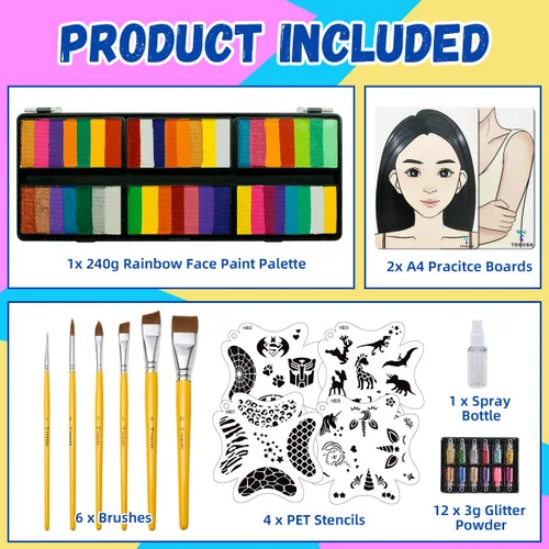 Vista 4 de Kit de pintura facial de 8.47 oz de tortas divididas arco iris, paleta de pintura facial profesional para niños y adultos con purpurina, plantillas