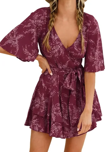 Vista 3 de Relipop Enterizo de verano para mujer, diseño floral, cuello en V, manga corta, cintura con nudo y dobladillo con volantes, overol corto casual