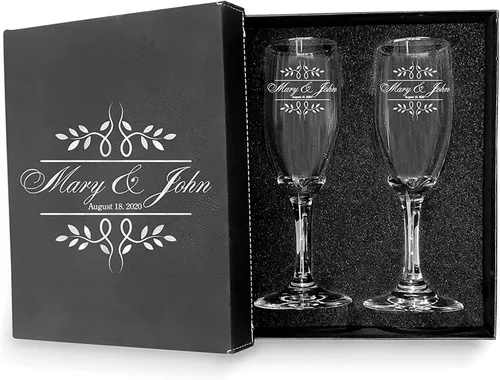 Vista 11 de Juego de 2 copas de champán personalizadas para boda grabadas con caja - Bride & Groom's Wedding Toast