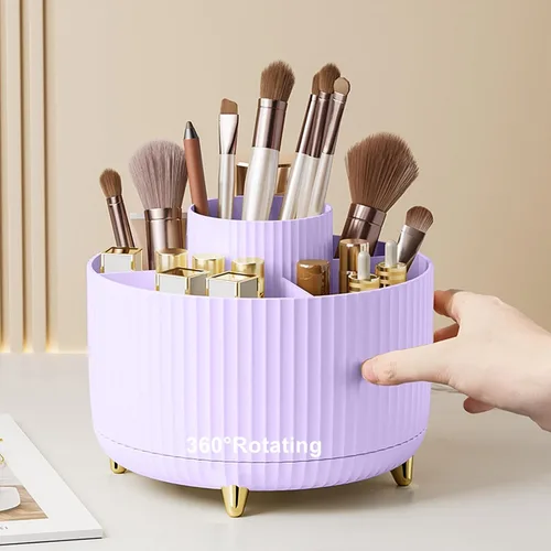 Vista 12 de Organizador de brochas de maquillaje giratorio de 360 grados, diseño desmontable, 5 ranuras, para cosméticos y lápices, organizador para escritorio