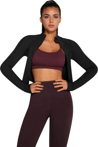 Vista 4 de Chaqueta Bbl con cremallera para mujer, ligera, recortada, atlética, para atletismo, gimnasio, entrenamiento, correr, yoga, senderismo