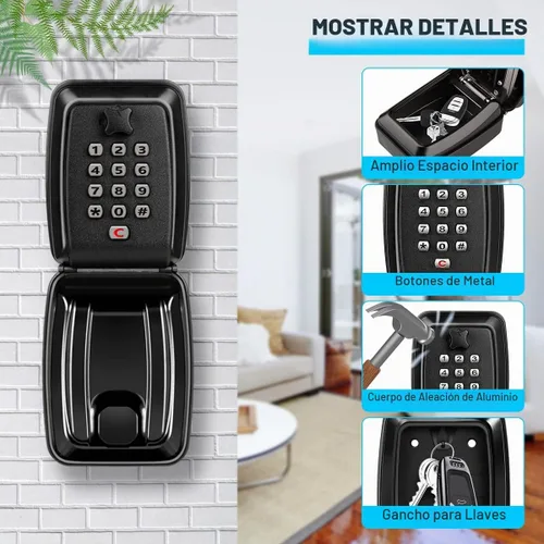 Vista 3 de Caja de bloqueo de llaves TEUEN para exterior, caja de bloqueo resistente impermeable con montaje en pared para llave de casa, caja de seguridad