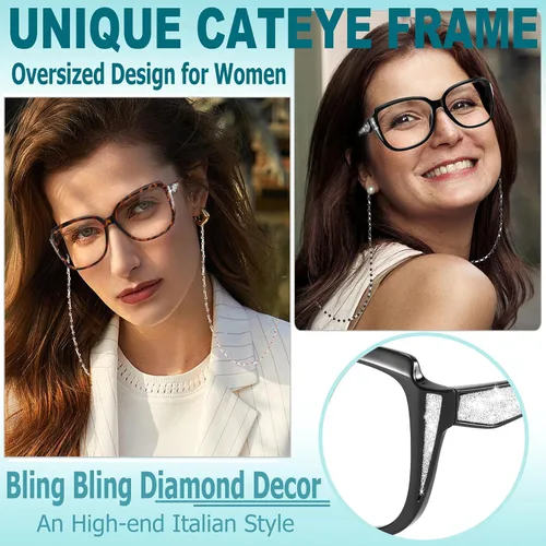 Vista 2 de touk Elegantes gafas de lectura de ojo de gato, lentes de sol de gran tamaño con cadena de lentes de moda portátiles para mujeres
