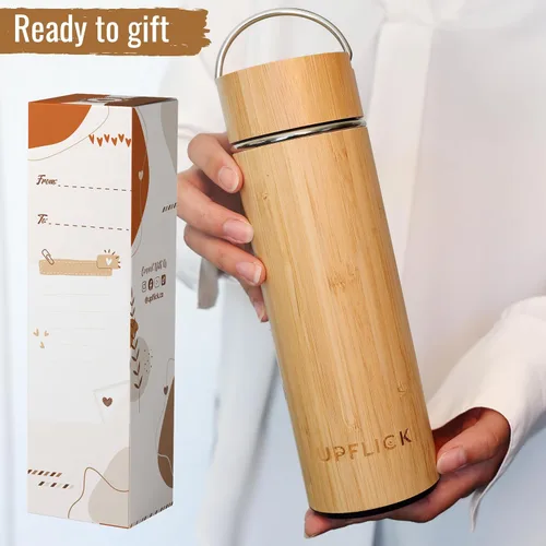 Vista 7 de Botella de agua de bambú aislada para hombres, regalo de cumpleaños, juego de té de viaje para mujeres con difusor para hojas de té sueltas, regalo