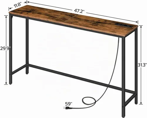 Vista 3 de HOOBRO Mesa consola de 47.2 pulgadas con tomas de corriente y puertos USB, mesa de sofá