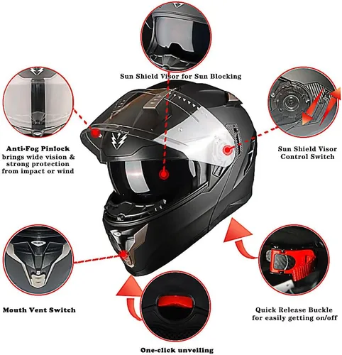 Vista 5 de 1Storm - Casco modular de cara completa para moto, certificado DOT, para adultos, doble visera abatible con escudo interior para sol y lista
