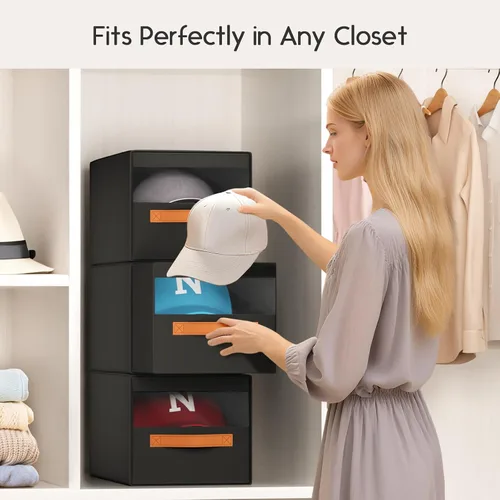Vista 3 de Homsorout Organizador de sombreros para gorras de béisbol, paquete de 3 cajas de almacenamiento extraíbles con ventana transparente, soporte