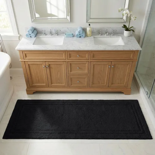 Vista 2 de Superior Cotton Washable Bath Rug, Non Slip Runner, 1 Piece Set, Black Absorbent Combed Cotton Bath Rug Runner or Rug Set, Bathroom Vanity or