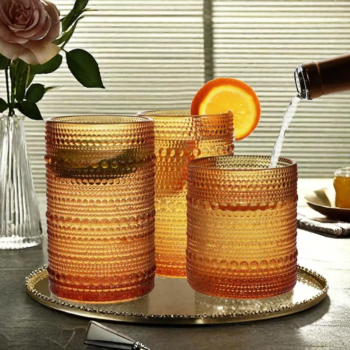 Vista 4 de Juego de Vasos de Beber Vintage Hobnail, Juego de Cristalería de 8 Vasos, Vasos Highball de 12 oz y 10 oz, Vaso Tumbler para Cócteles, Whisky, Jugo