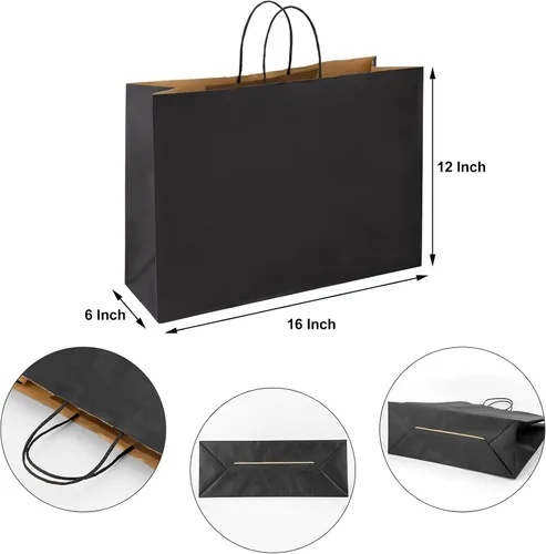 Vista 2 de Ronvir - Bolsas grandes de papel kraft con asas a granel para compras, paquete de 70, color negro 16x6x12 Inch,120GSM,Thick,Durable,8LB