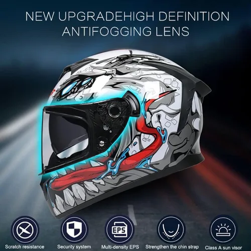 Vista 2 de Casco de motocicleta Bluetooth de cara completa abatible con micrófono, diseño de ala trasera aprobado por DOT, reducción de ruido con doble visera