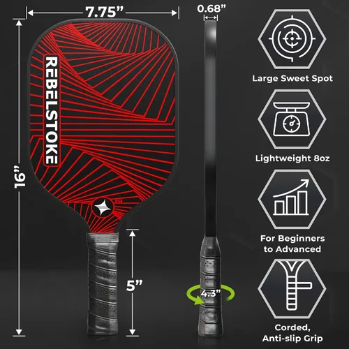 Vista 4 de Pickleball Paddles Set of 4 – Premium Fiberglass Paddle Set with 14mm Polypropylene Honeycomb Core – Complete Bundle with 8 Indoor/Outdoor Balls &