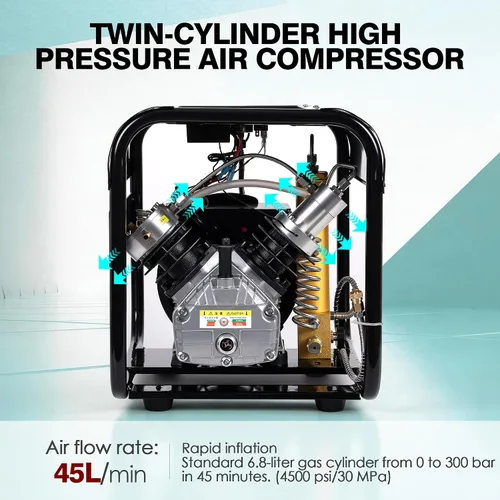 Vista 4 de TUXING Compresor de aire PCP de 4500 psi, filtro separador de agua y aceite de filtración de dos etapas, versión de parada automática, compresor
