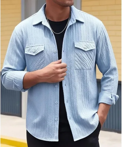 Vista 2 de Camisas con botones para hombre, casual, de manga larga, con cuello jacquard, texturizada, ligera, sobrecamisa, sobrecamisa
