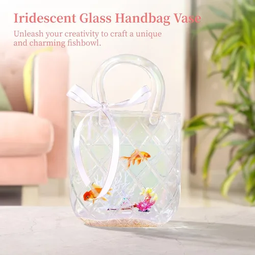 Vista 3 de Florero de cristal transparente, florero decorativo con texturas, elegante jarrón con asa