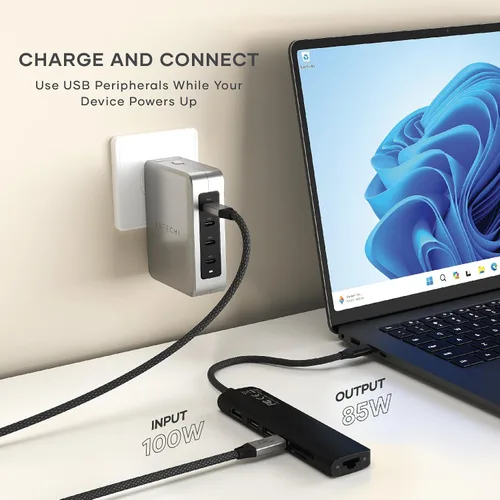 Vista 4 de Satechi Adaptador multipuerto USB C 7 en 1 con Ethernet, HDMI 4K a 60Hz, carga PD de 100 W, 2 puertos de datos USB-A, lectores de tarjetas Micro/SD