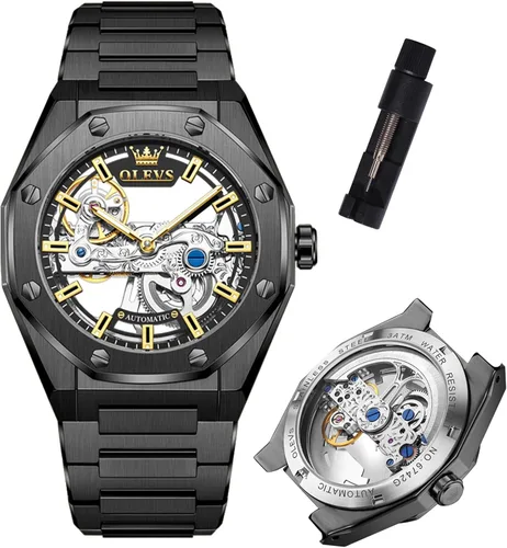 Vista 10 de OLEVS Relojes automáticos para hombre, reloj mecánico de lujo con cuerda automática, Tourbillon, reloj de esqueleto, reloj de negocios con diamantes