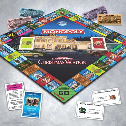 Vista 4 de Monopoly Vacaciones de Navidad de National Lampoons, con fichas temáticas de ardilla, taza de ponche de huevo, motosierra y más, 2-6 jugadores