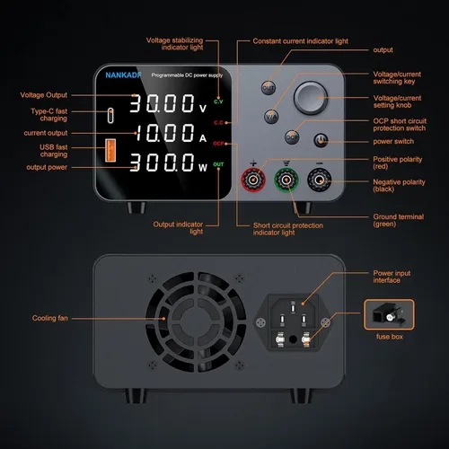 Vista 8 de Fuente de alimentación DC, fuente de alimentación de banco 30V 10A con ajuste de codificador, carga rápida USB&Type-C 5V/3.6A, fuentes