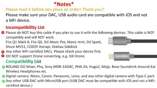 Vista 4 de Meenova Cable OTG DAC de 8 pines a MicroUSB para iPhone/iPad/iPod Chord Mojo Hugo2 Pha3 Fiio HiFi Oppo HA2 K5, Sony MDR-1ADAC, Mezclador Roland GO