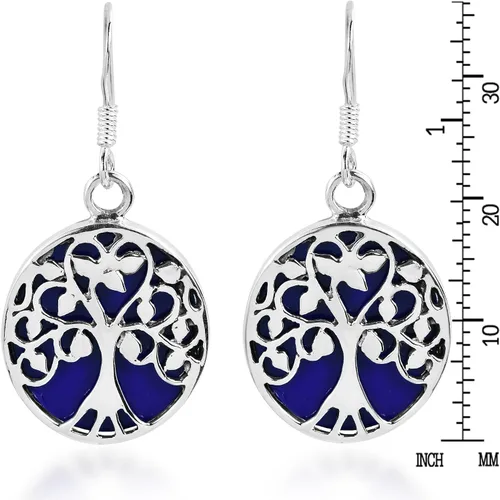 Vista 4 de Pendientes colgantes de plata de ley 925 con diseño de árbol de la vida con acentos de lapislázuli azul simulados