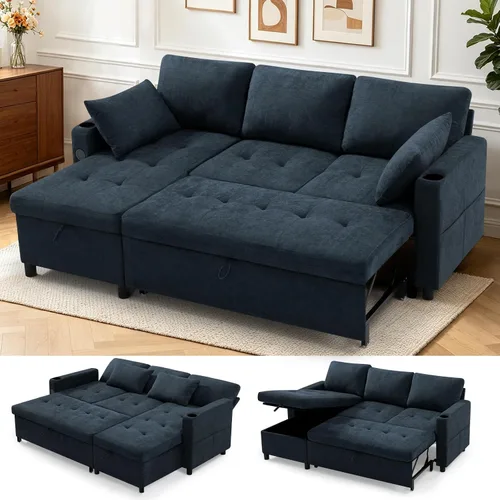 Vista 10 de Sofá cama extraíble de tela de 84 pulgadas con respaldos ajustables, color negro