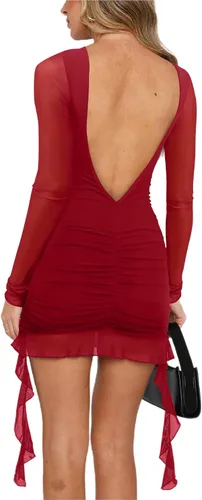 Vista 2 de HYPERFIRE Minivestido ajustado de malla con volantes y manga larga con cuello redondo y espalda abierta para mujer