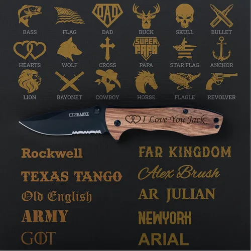 Vista 2 de Regalos para hombres, navaja de bolsillo personalizada para hombres 18 iconos opcionales - 10 opciones de fuente Regalos para hombres, cuchillos