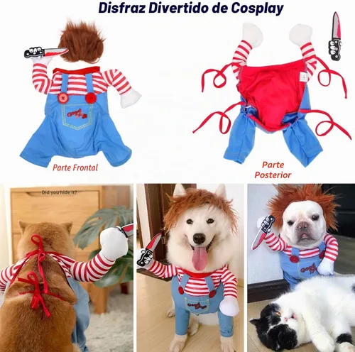 Vista 2 de Disfraz de perro de muñeca mortal para mascotas, divertido disfraz de Chucky de Halloween para perros pequeños, medianos y grandes, gatos