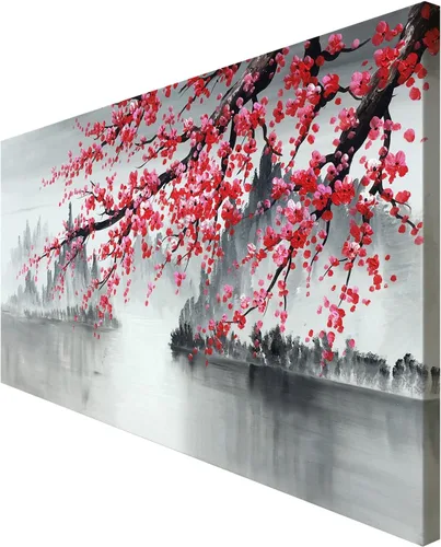 Vista 2 de Pintura tradicional china pintada a mano en lienzo de flor de ciruelo, arte de pared, pintura al óleo moderna de paisaje en blanco y negro para sala